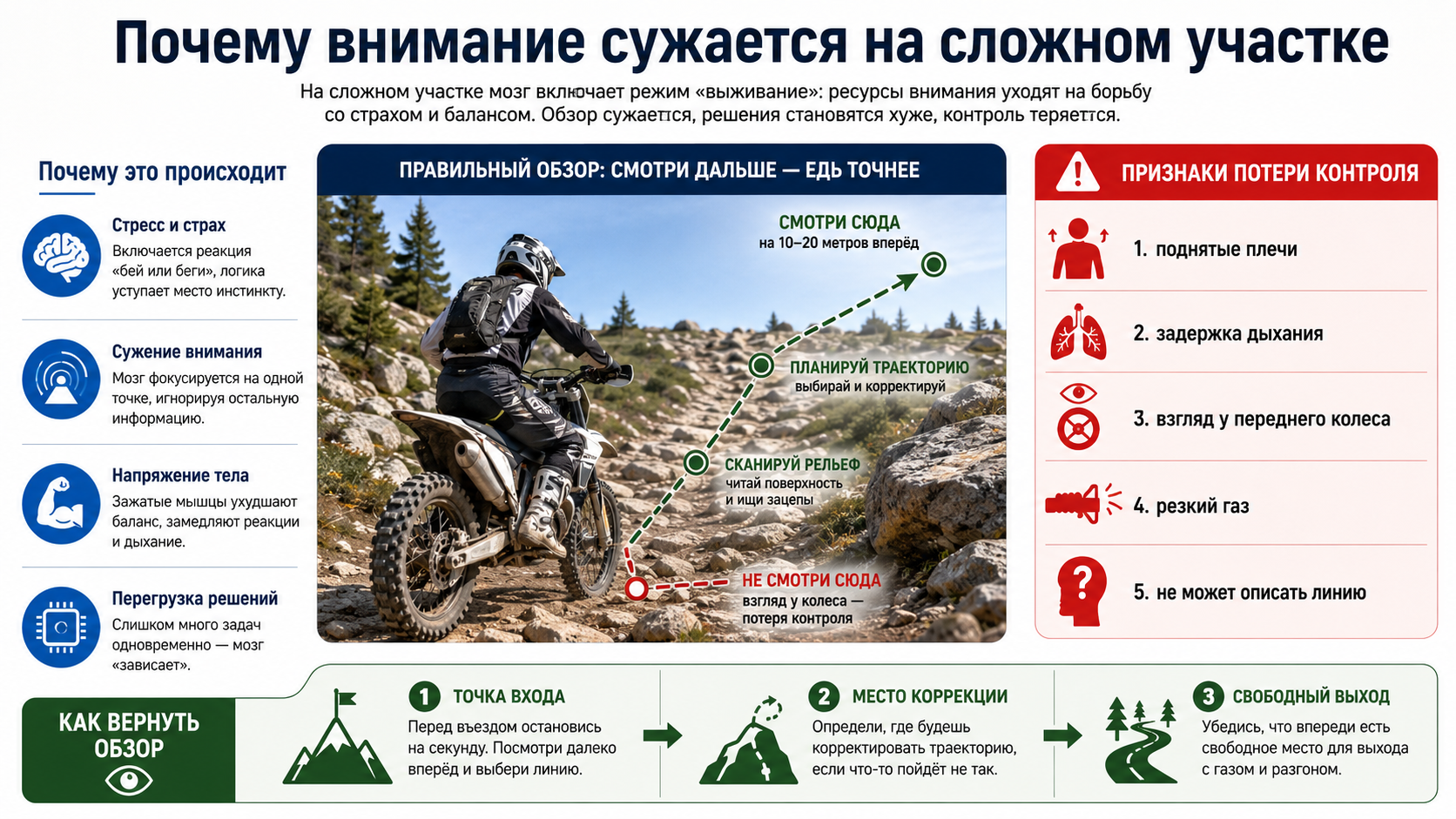 Почему внимание сужается на сложном участке эндуро-трассы: напряжение, задержка дыхания, взгляд у переднего колеса, резкая работа газом и потеря выбранной линии