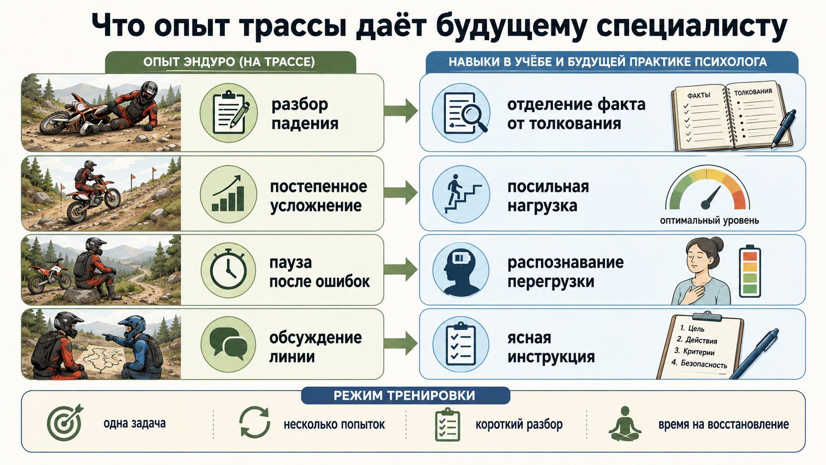 Что опыт эндуро даёт будущему специалисту по психологии: отделение факта от толкования, постепенное увеличение нагрузки, распознавание перегрузки, ясные инструкции и короткий разбор ошибок